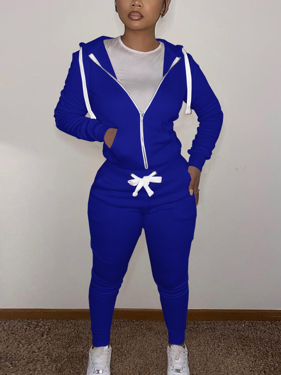 

LW COTTON Hooded Collar Drawstring Tracksuit Set, Blue