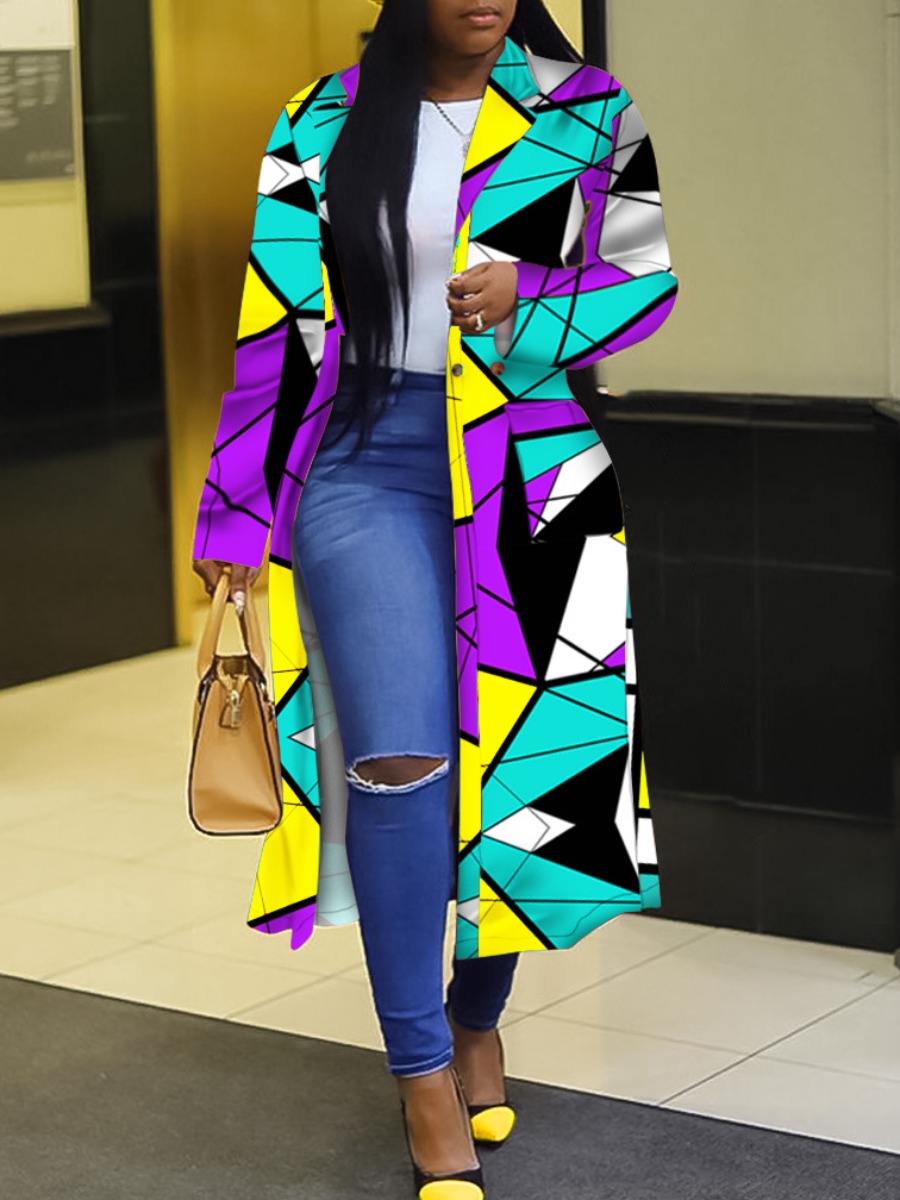 

LW Plus Size Geometric Print Patchwork Trench Coat, Purple