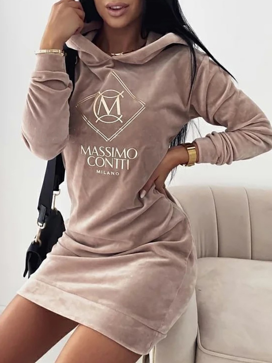 

LW Velvet Hooded Collar Letter Print Sweat Dress, Coffee