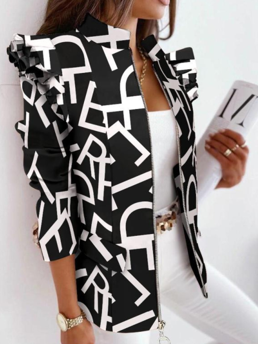 

LW Letter Print Flounce Design Jacket, Black