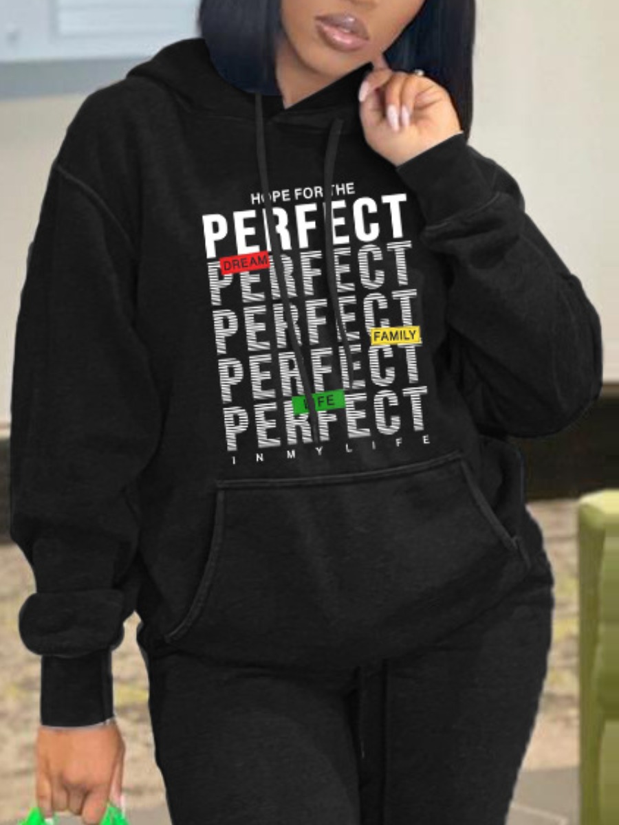 

LW Letter Print Kangaroo Pocket Hoodie, Black