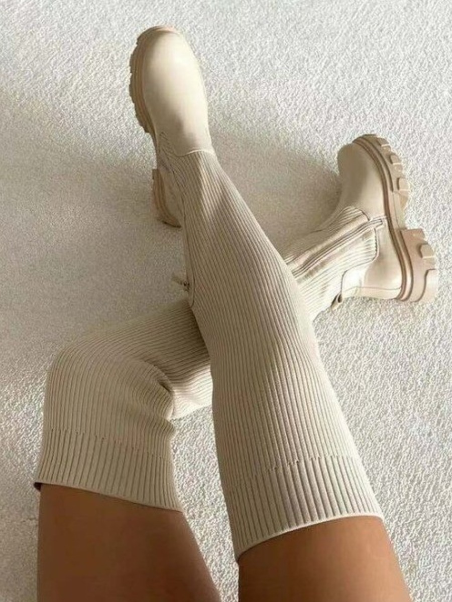 LW Ribbed Patchwork Zipper Design Thigh High Boots