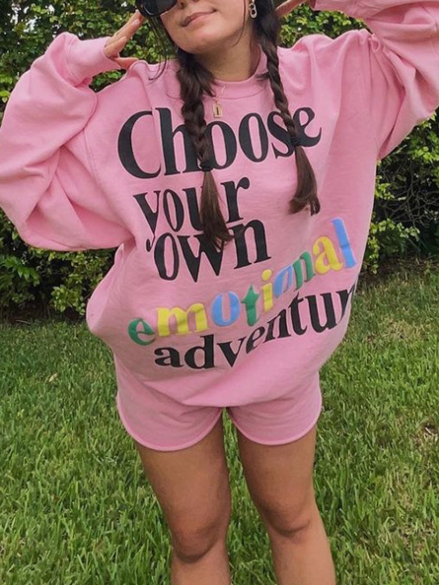 

LW Letter Print Loose Tracksuit Set, Pink