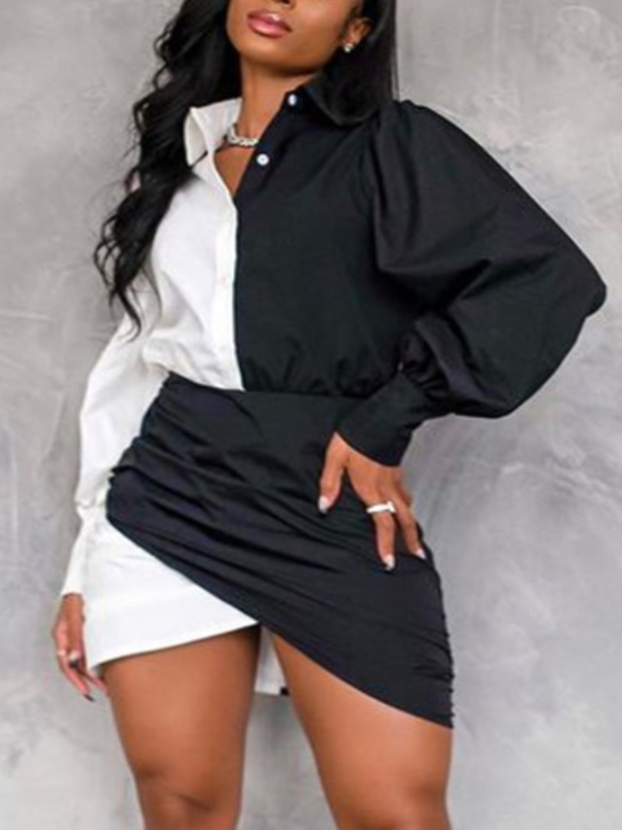 

LW High Low Patchwork Shirt Dress, Black