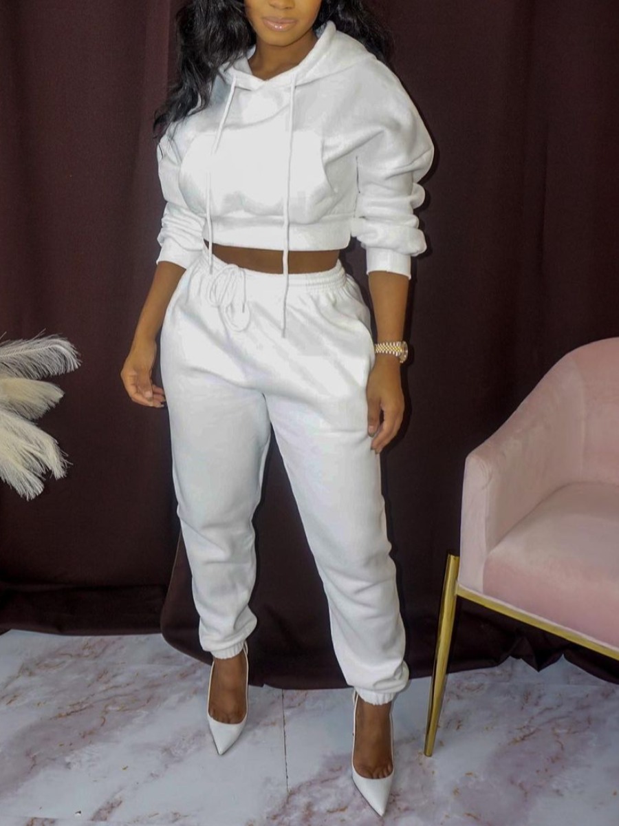 

LW BASICS Hooded Collar Drawstring Tracksuit Set, White