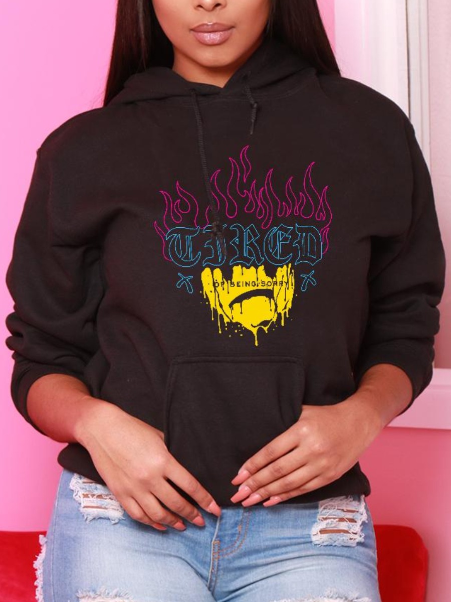 

LW Letter Print Kangaroo Pocket Hoodie, Black