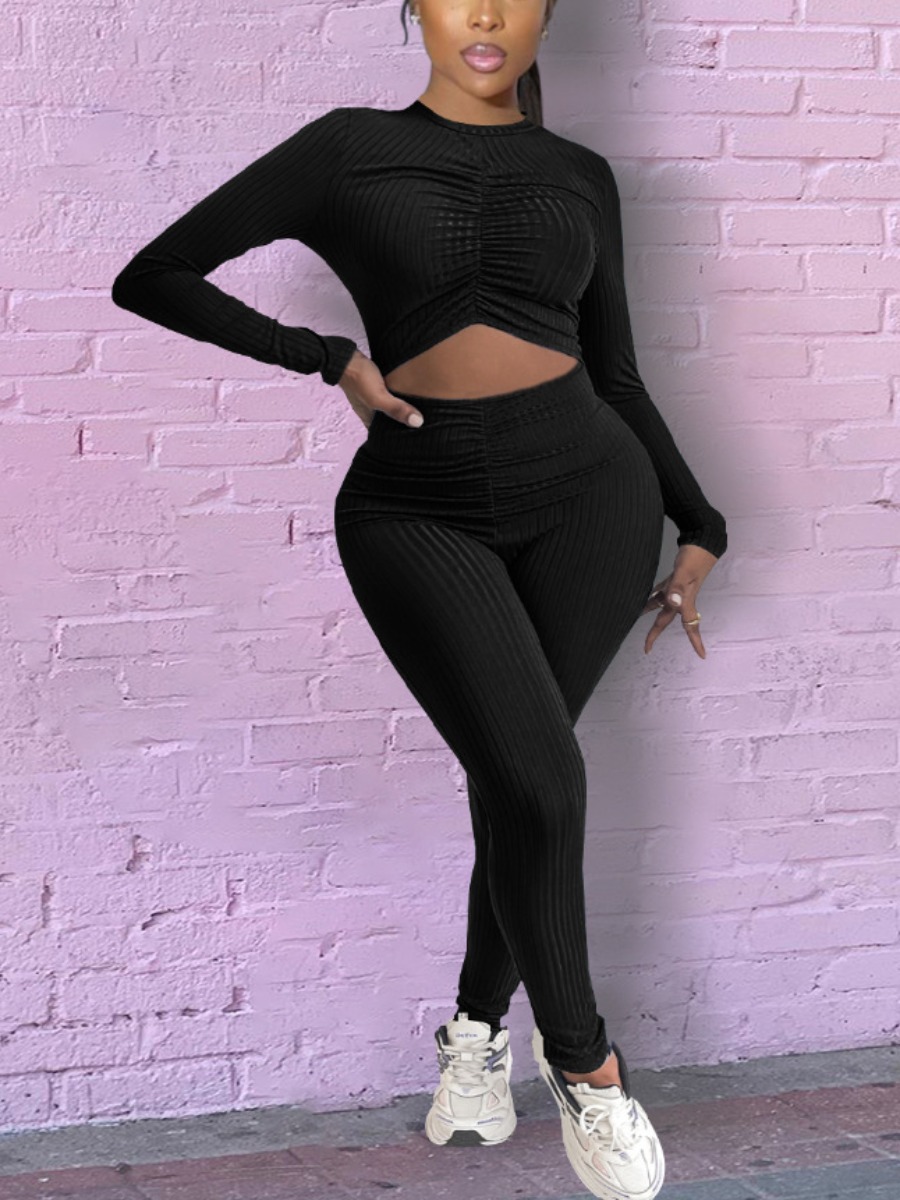 

LW BASICS Rib-Knit Ruched Hollow-out Jumpsuit, Black