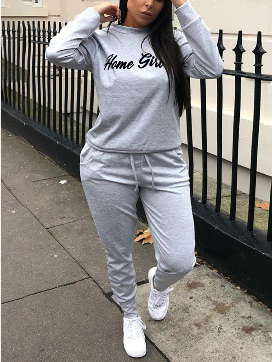 

LW Plus Size Pocket Design Letter Print Tracksuit Set, Grey