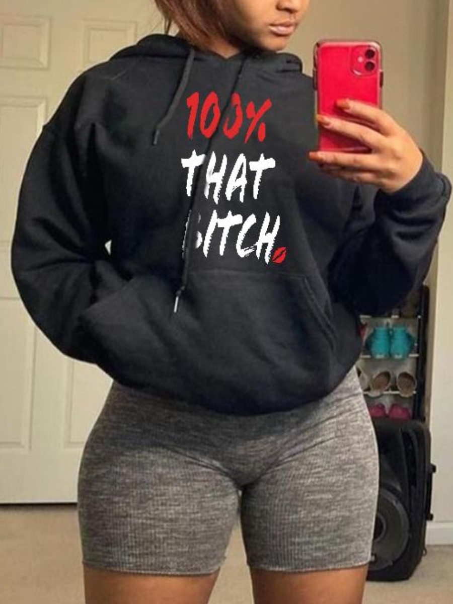 

LW Letter Print Pocket Design Hoodies, Black