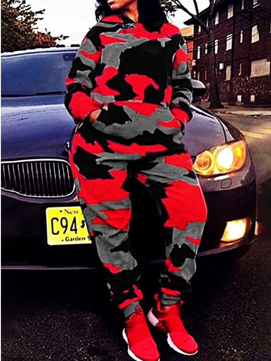 

LW Plus Size Sweat Pocket Design Camo Print Tracksuit Set, Black