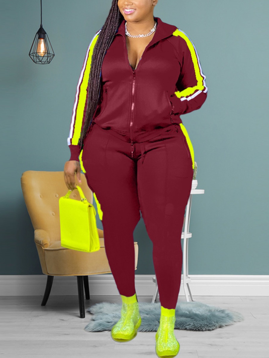 

LW Plus Size Zipper Design Striped Tracksuit Set, Wine red