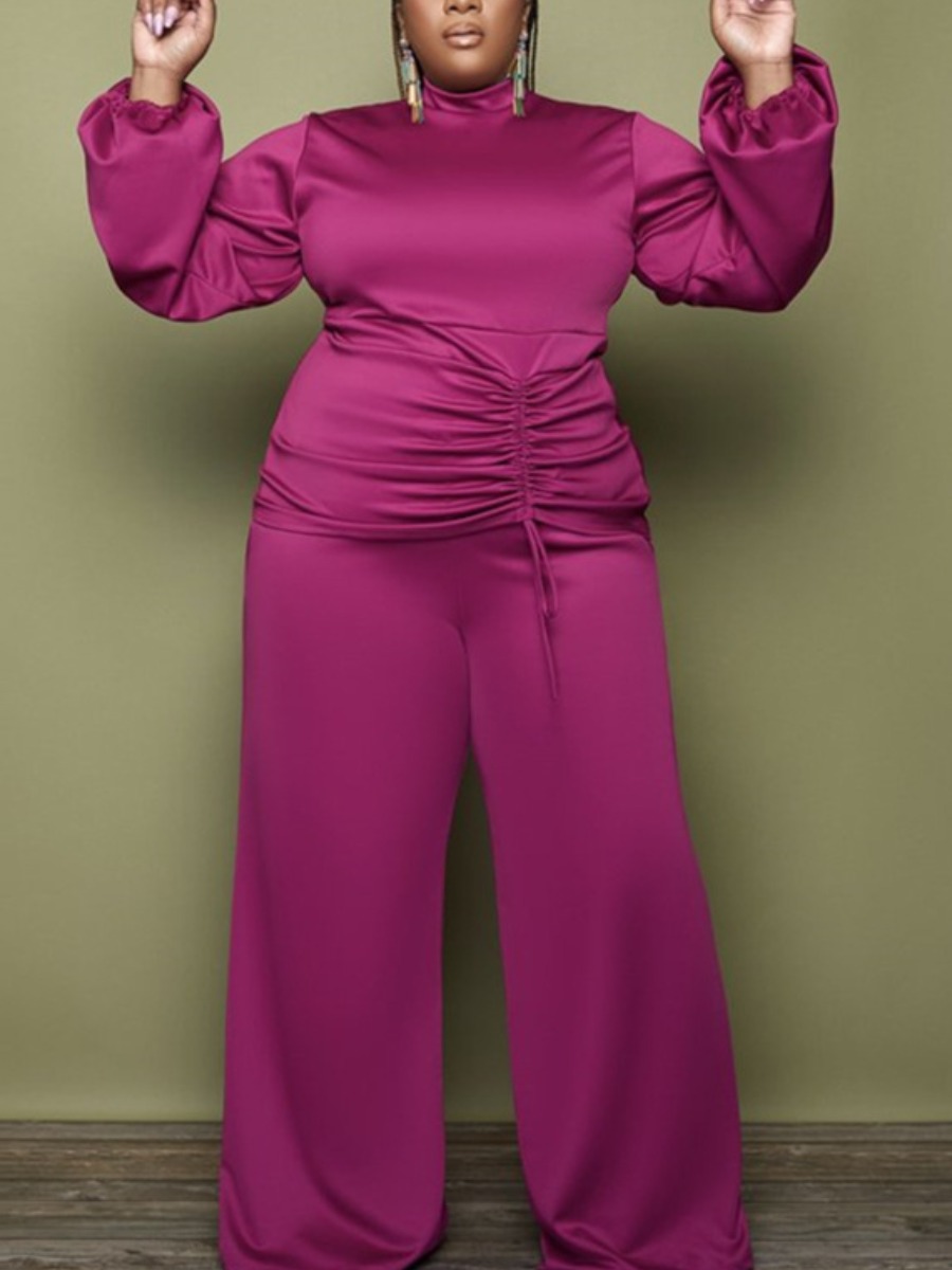 

LW Plus Size Drawstring Wide Leg Pants Set, Rose red