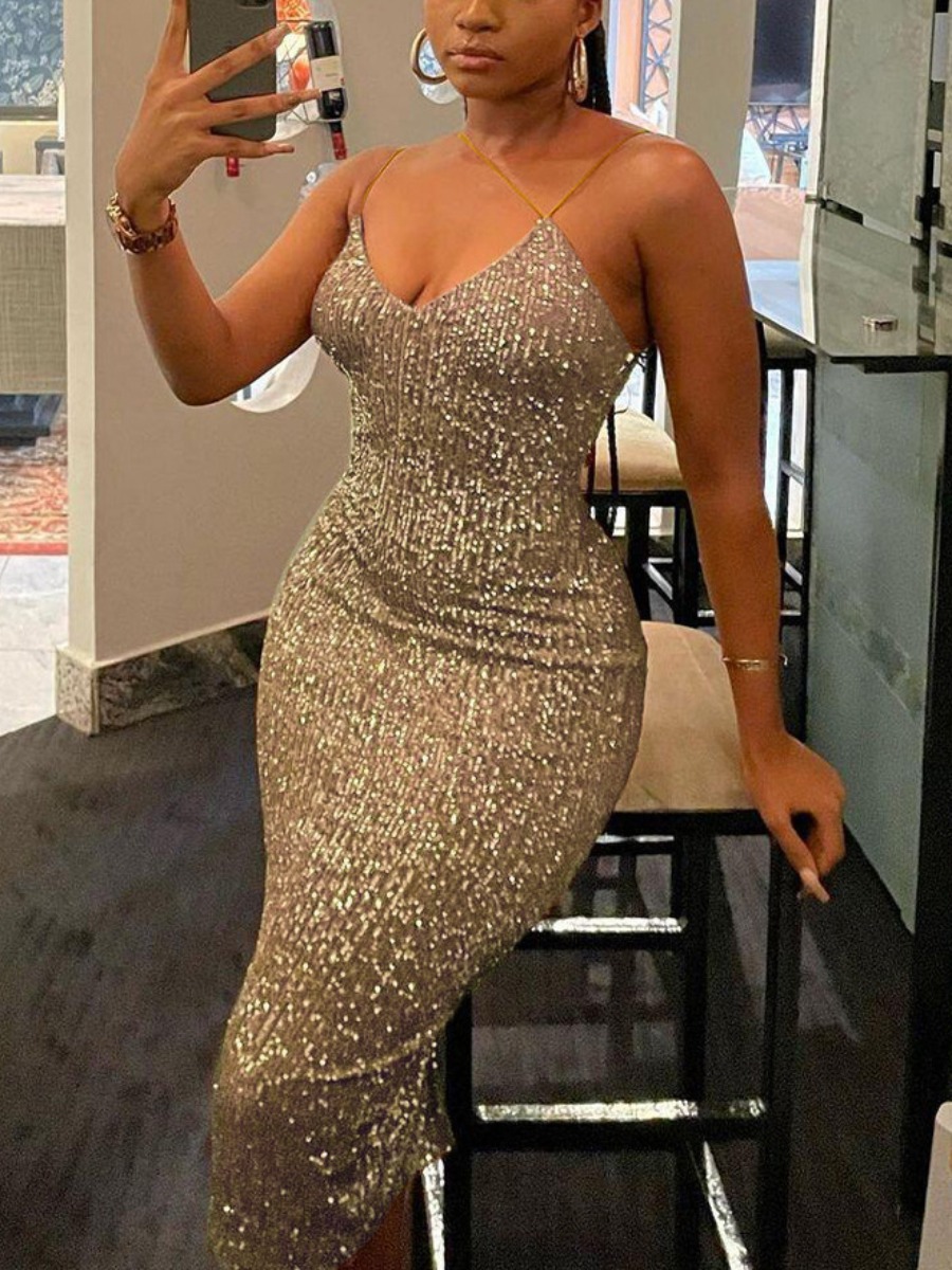 

LW SXY Sequin Solid Bodycon Prom Dress, Gold