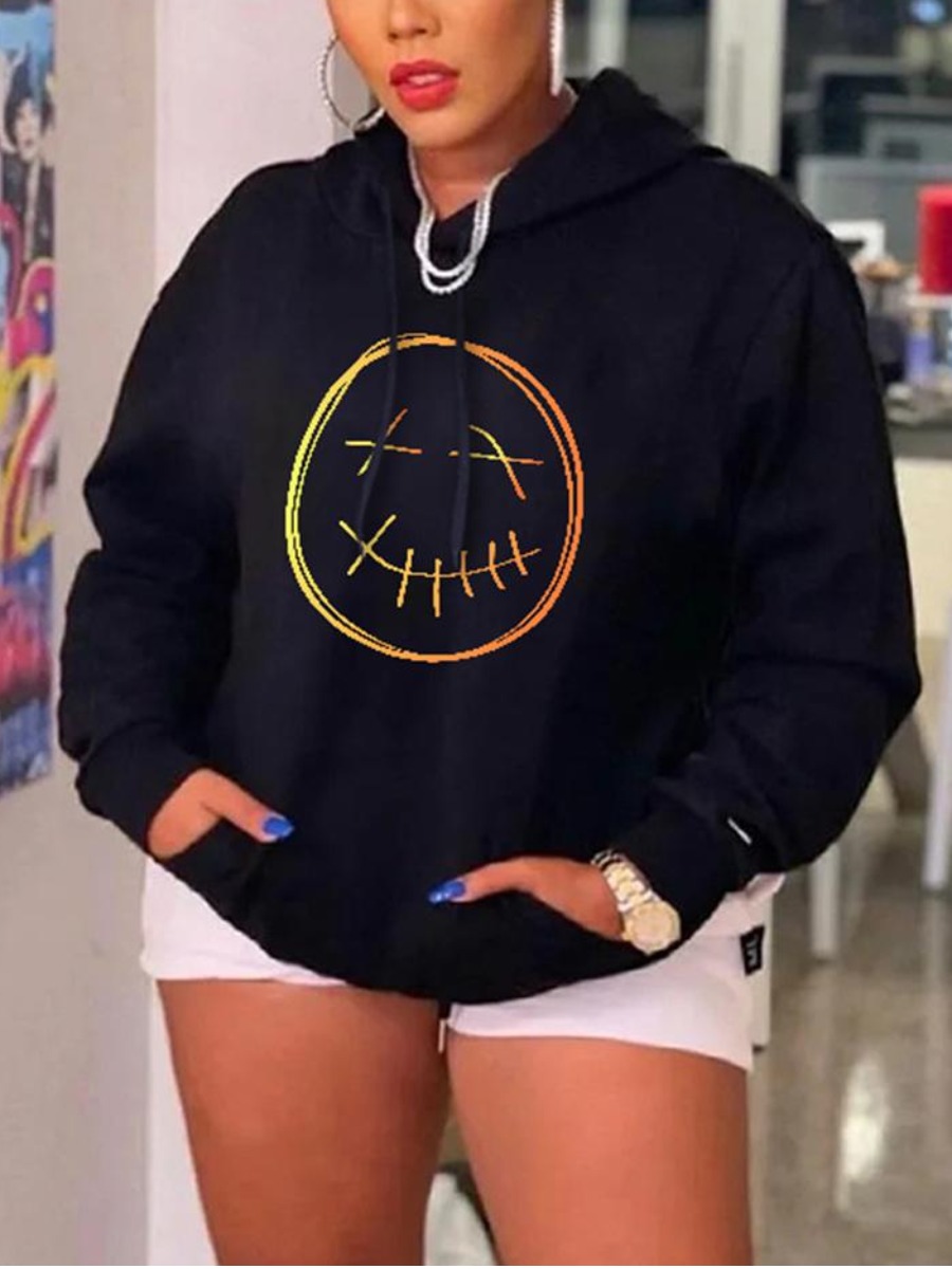 

LW Smiley Print Kangaroo Pocket Hoodie, Black
