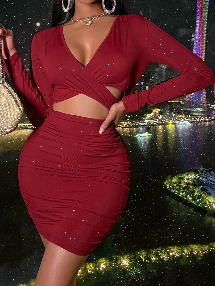 

LW SXY Cross-over Cut Out Bodycon Dress, Wine red