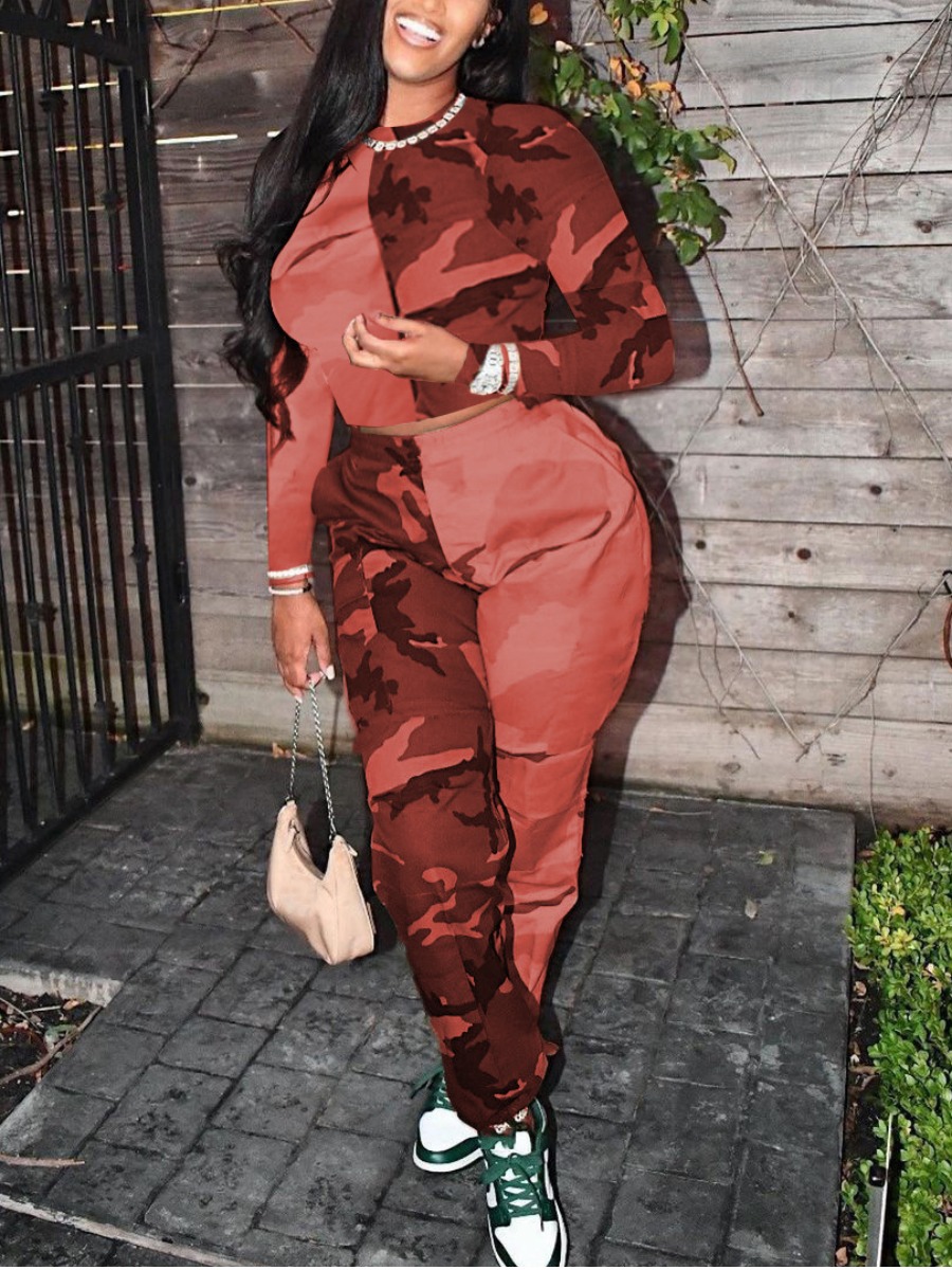 

LW Round Neck Camo Print Pants Set, Red