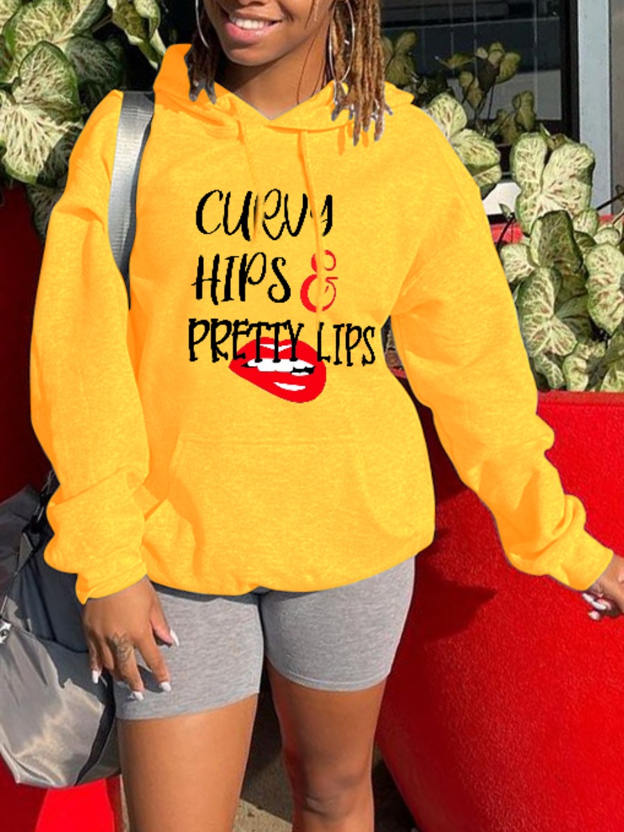 

LW Lip Letter Print Loose Sweatshirt, Yellow