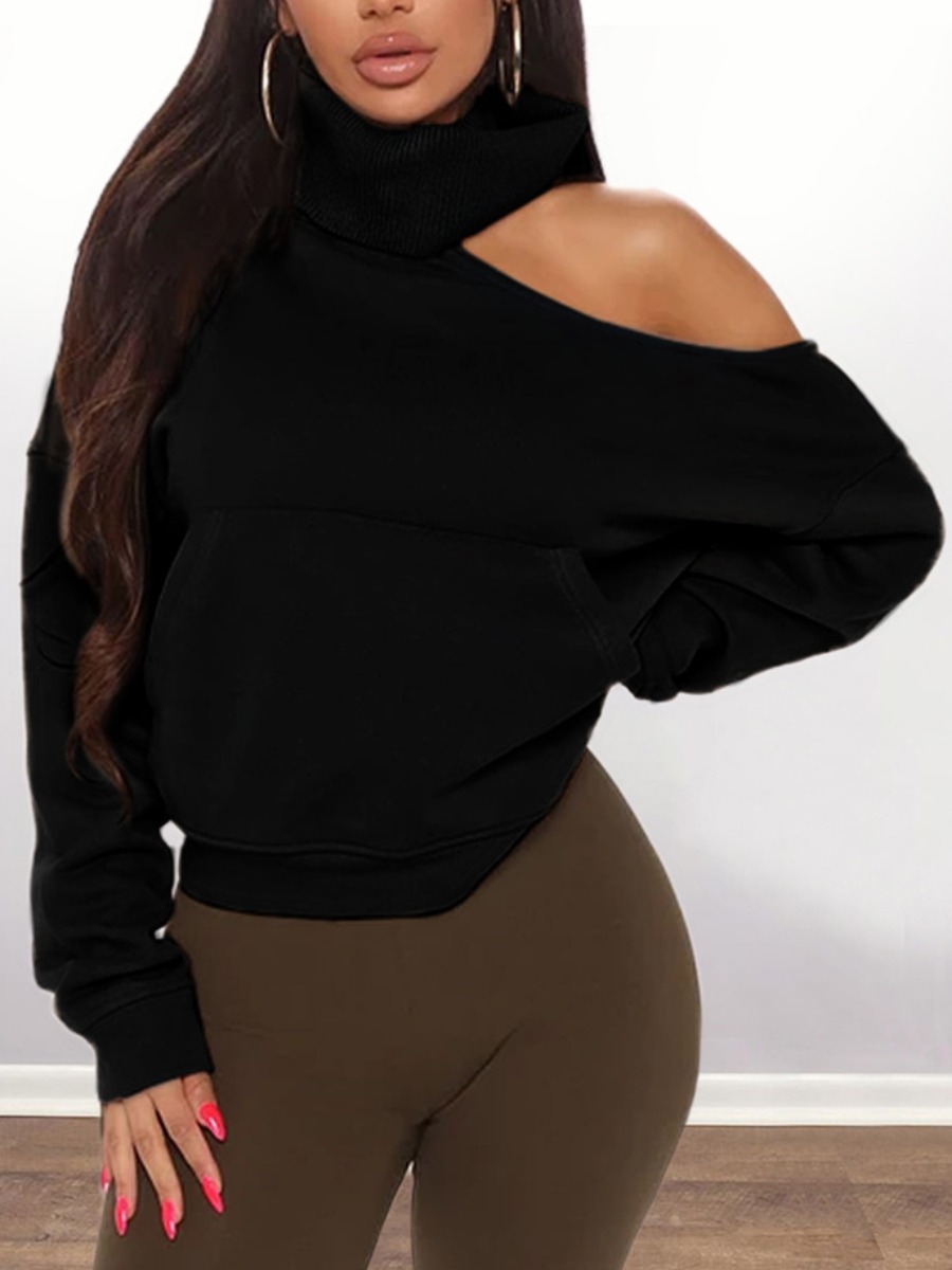 

LW SXY One Shoulder Kangaroo Pocket Hoodie, Black