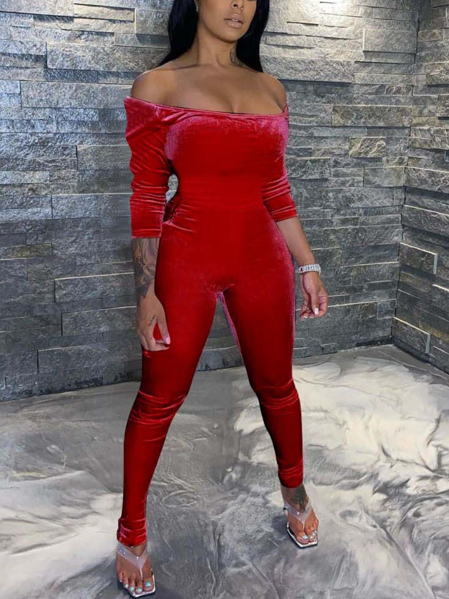 

LW SXY Velvet Off The Shoulder Solid Jumpsuit, Red
