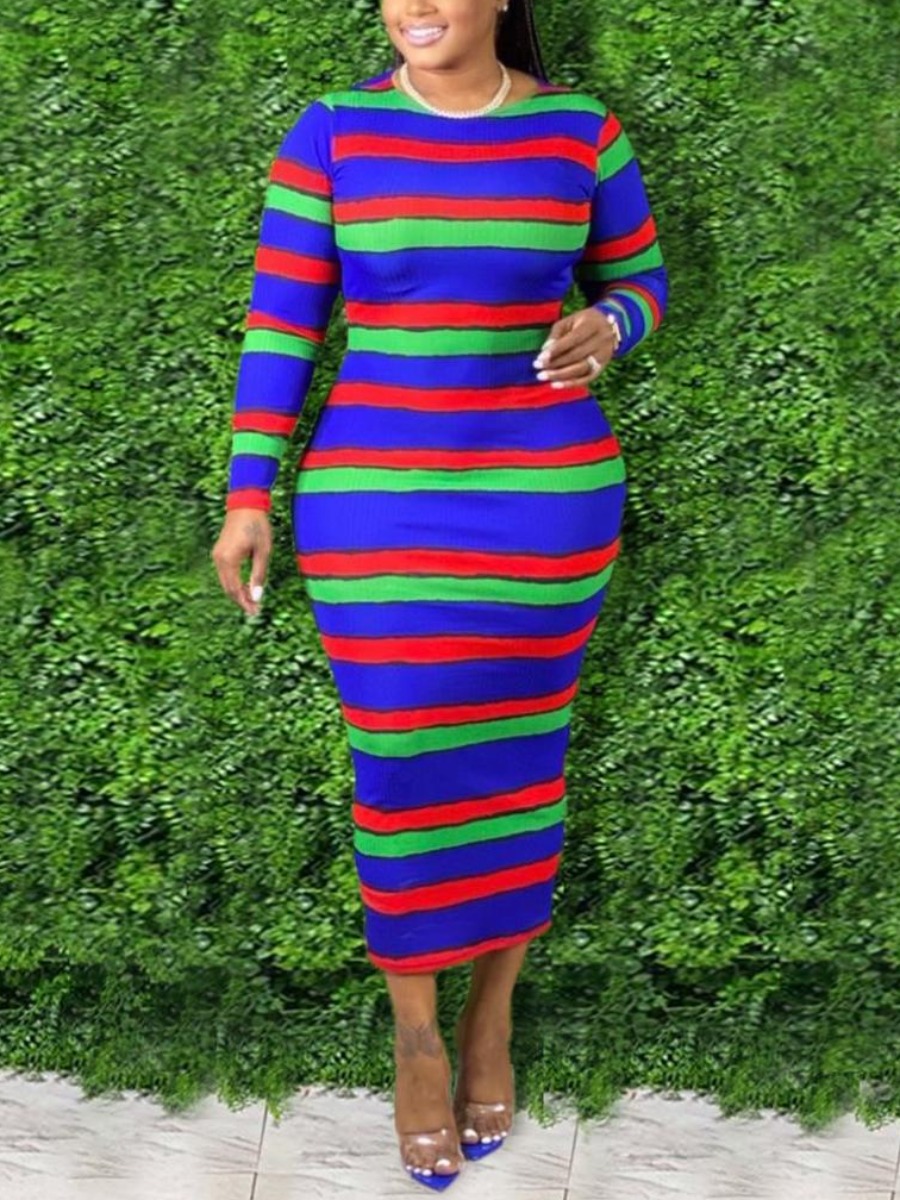 LW Plus Size Rainbow Striped Bodycon Dress, Blue
