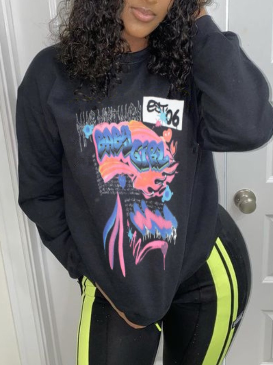 

LW Letter Print Pullover Sweatshirt, Black