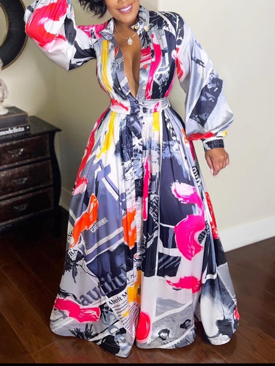 

LW Button Ruffle Design Mixed Print Dress, Multi