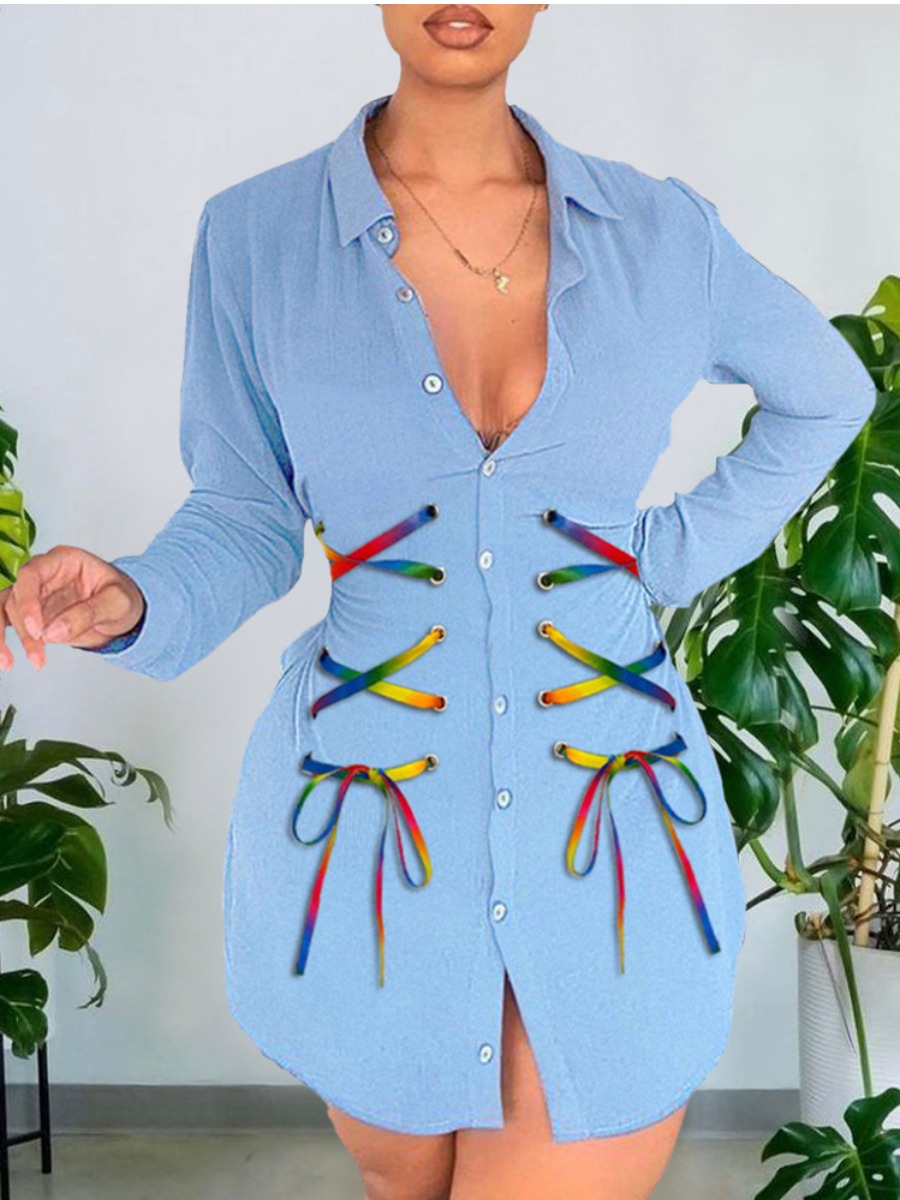 

LW Rainbow Lace-up Button Design Shirt Dress, Blue