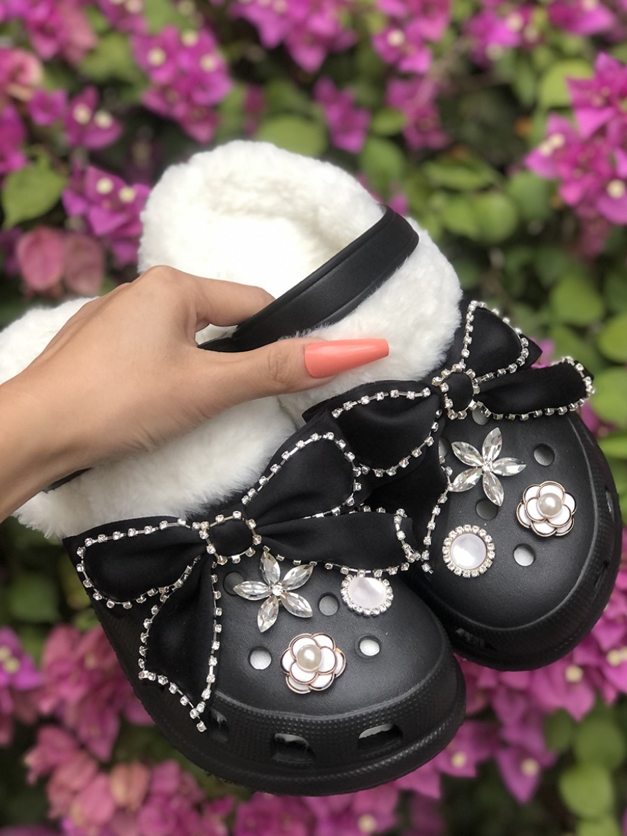 

LW DIY Plush Crystal Patchwork Daily Slippers, Black