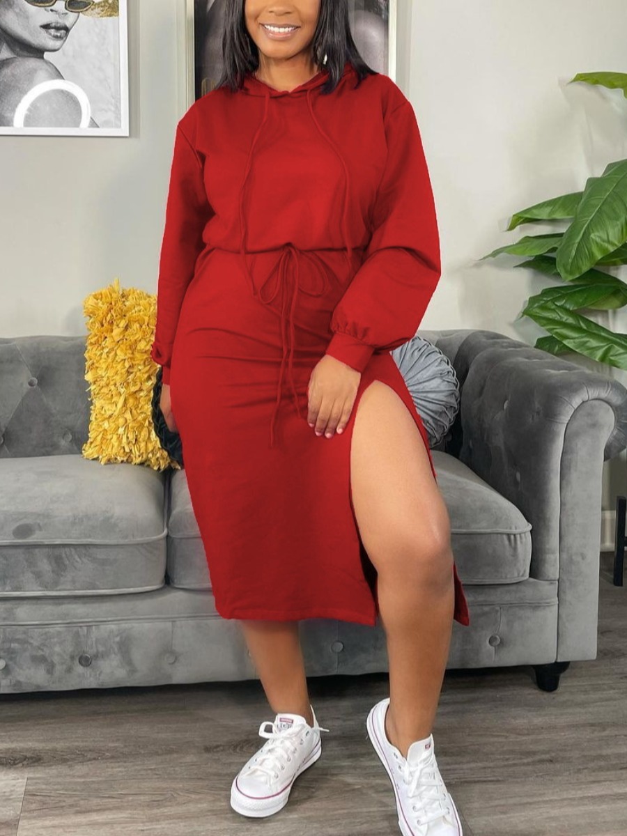 

LW SXY Sweat Drawstring Split Dress, Red