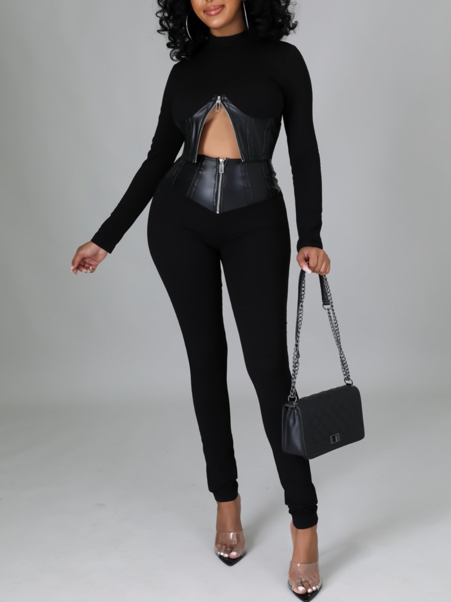 

LW SXY Zipper Design Solid Skinny Pants Set, Black