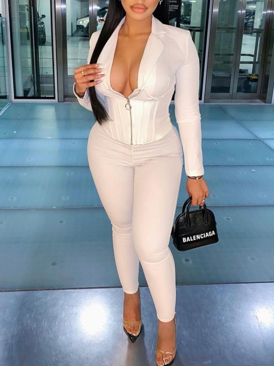 

LW SXY Corset Design Zip Up Pants Set, White