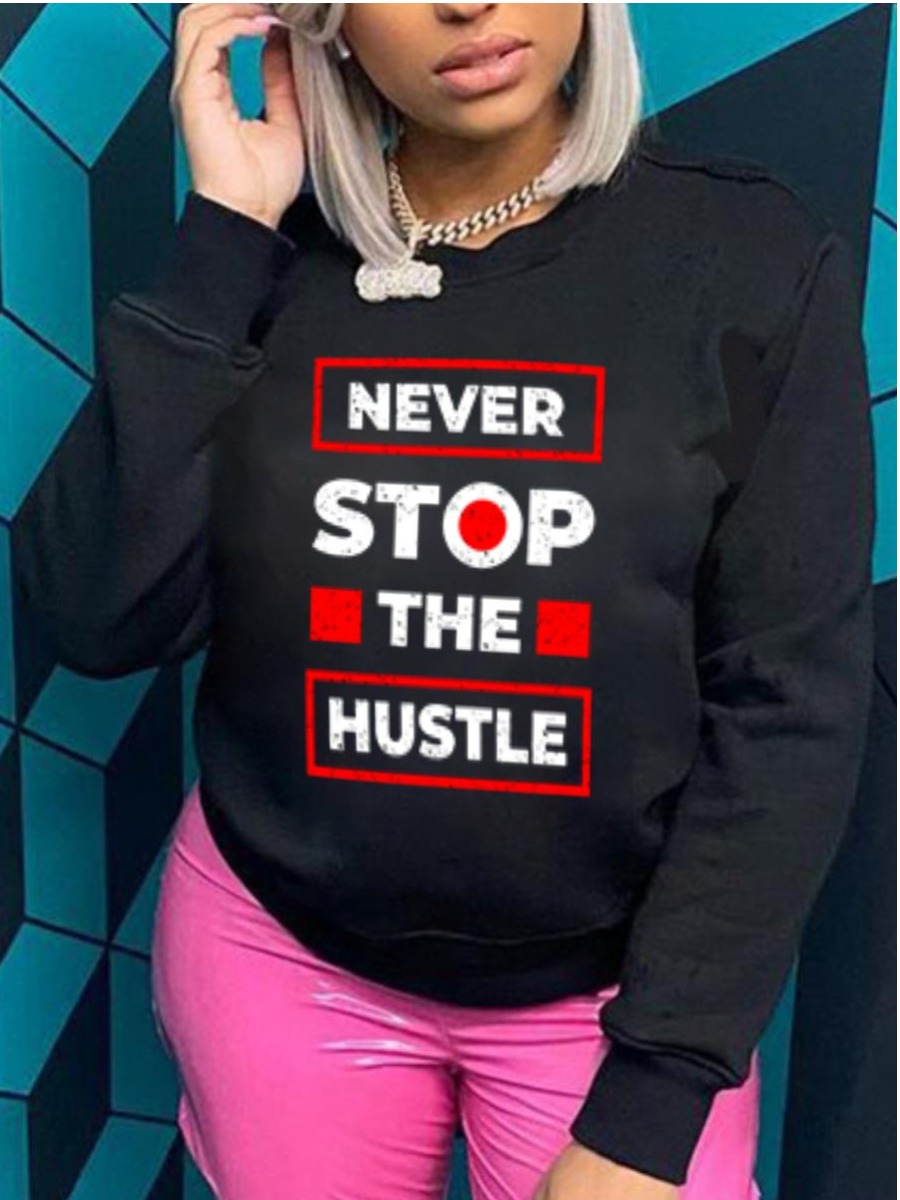 

LW Round Neck Letter Print Loose Sweatshirt, Black