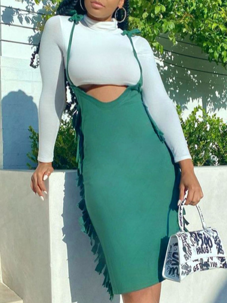 

LW Crop Top Tassel Design Overall Skirt Set, Green