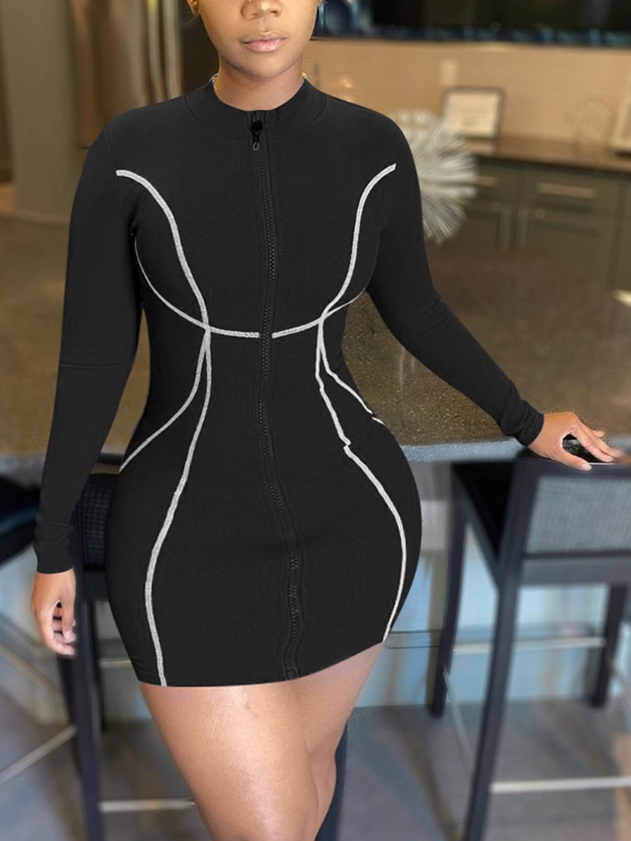 

LW SXY Plus Size Striped Zipper Design Bodycon Dress, Black