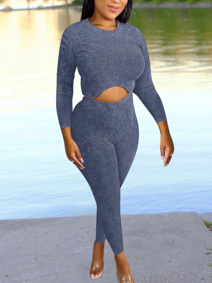 

LW BASICS Rib Knit Crop Skinny Pants Set, Blue