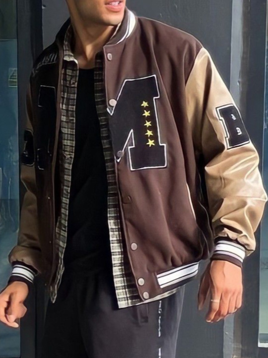 

LW Men Letter Print Patchwork Jacket, Brown