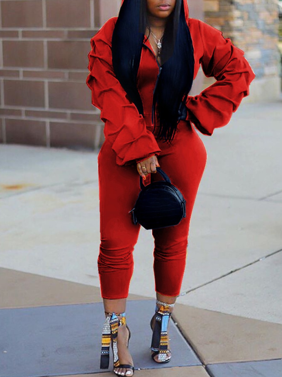LW Ruched Lantern Sleeve Tracksuit Set, Red