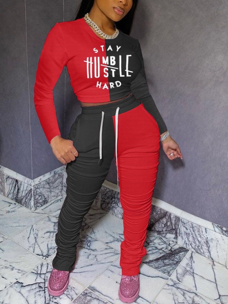 

LW Plus Size Letter Print Ruched Patchwork Pants Set, Red