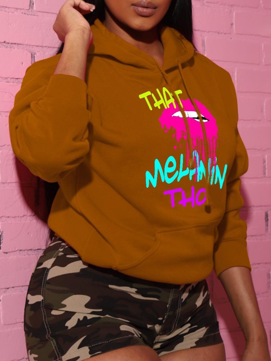 

LW Plus Size Letter Lip Print Pocket Design Hoodie, Khaki