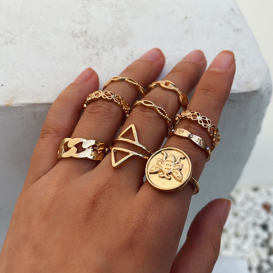

LW 9pcs Metal Decor Patchwork Ring, Gold