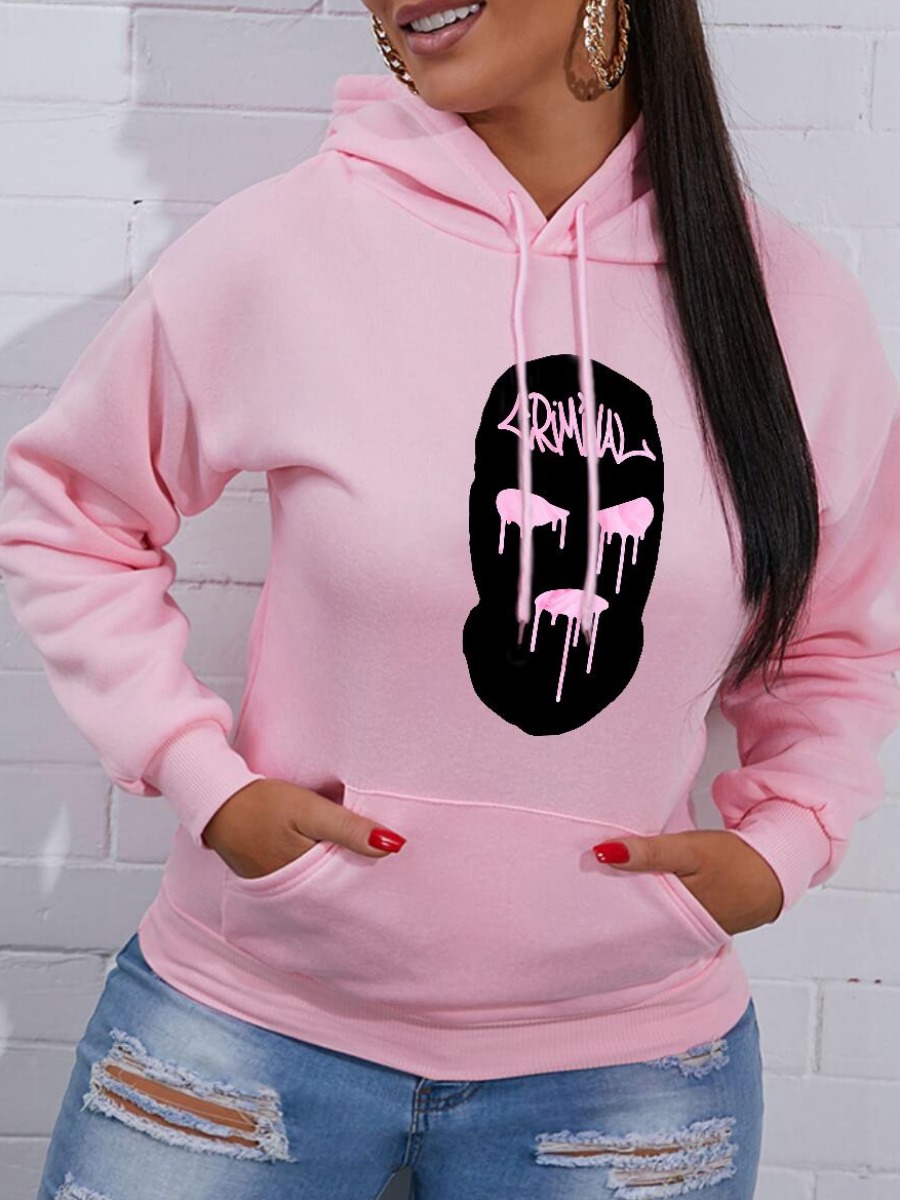 

LW Face Mask Print Kangaroo Pocket Hoodie, Pink