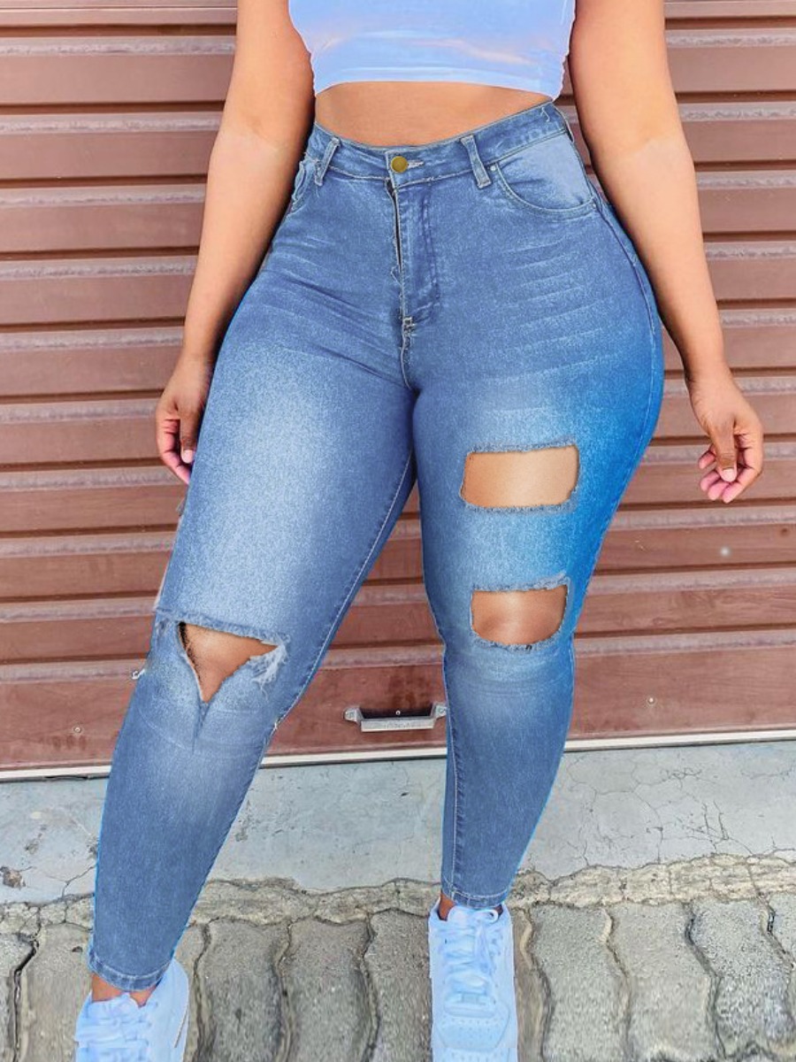 

LW High Waist Ripped Solid Skinny Jeans, Blue