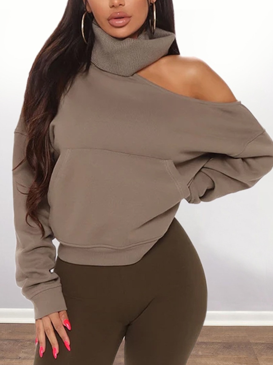 

LW One Shoulder Solid Loose Hoodie, Khaki