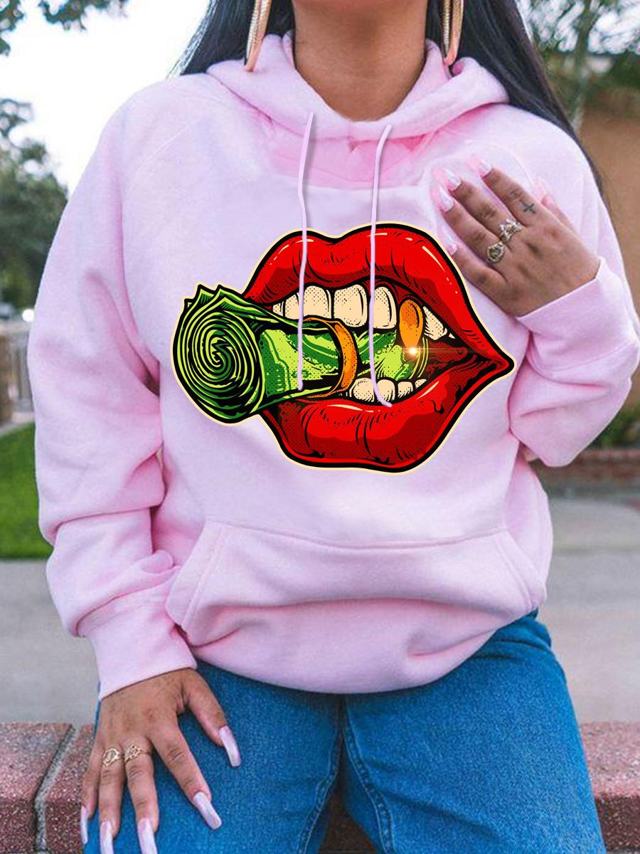 

LW Lip Money Print Pocket Design Hoodie, Pink