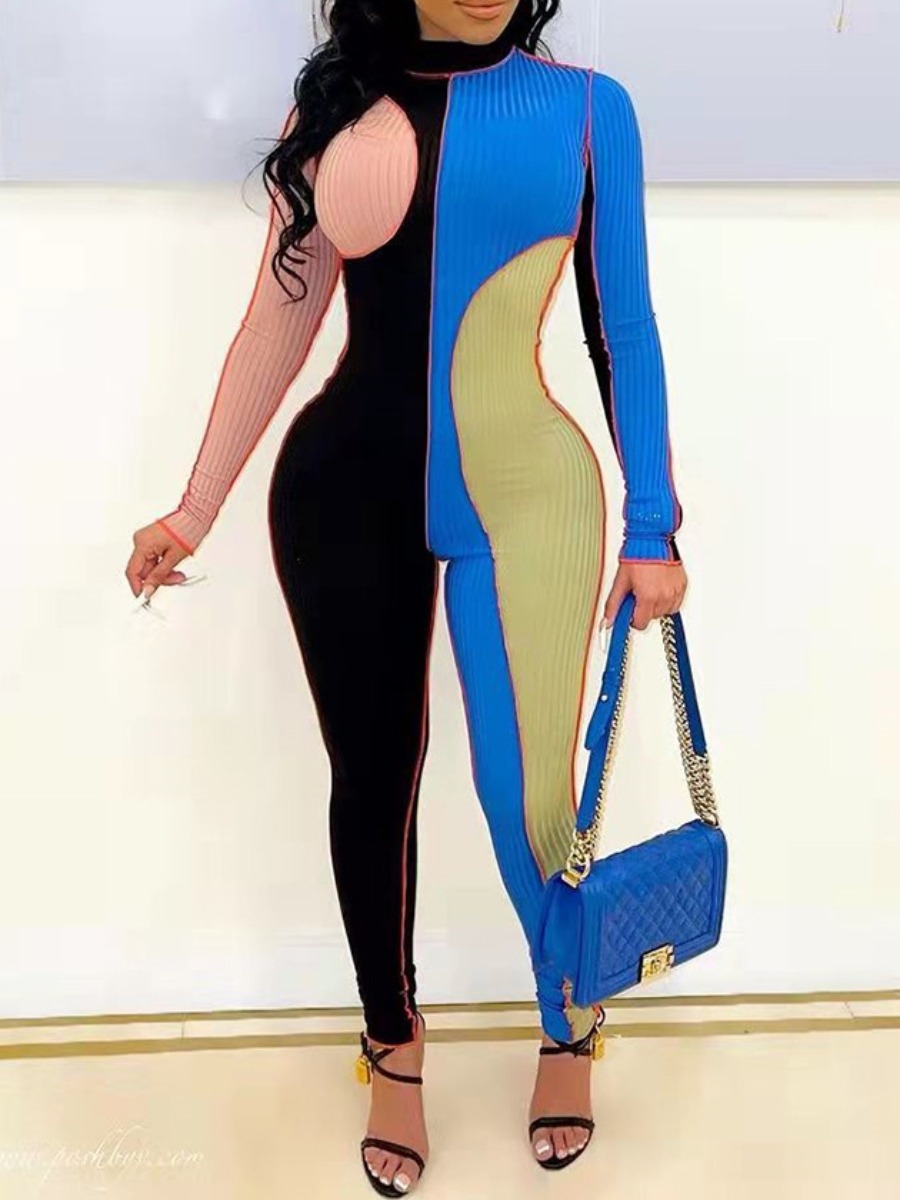 

LW Rib Knit Patchwork Skinny Jumpsuit, Blue