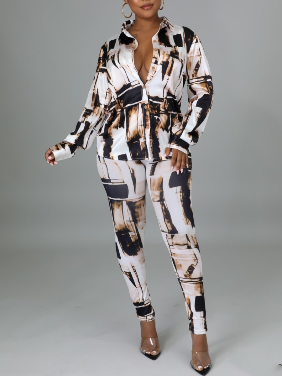 

LW Turndown Collar Tie-dye Pants Set, Coffee