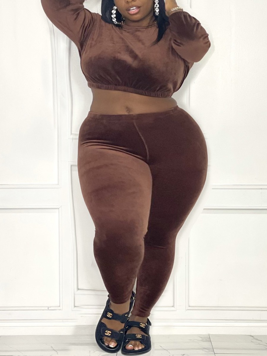 

LW BASICS Plus Size Velvet Crop Top Pullover Pants Set, Dark coffee