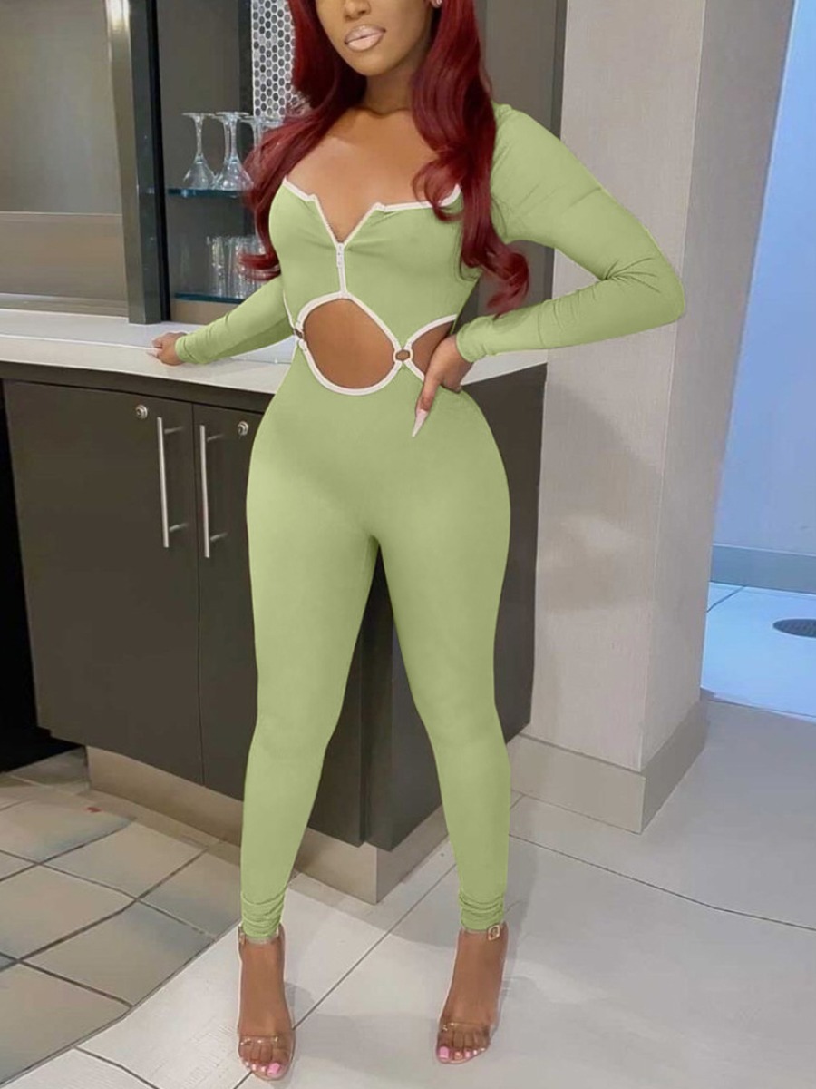 

LW SXY Ring Decor Cut Out Zip Up Jumpsuit, Green