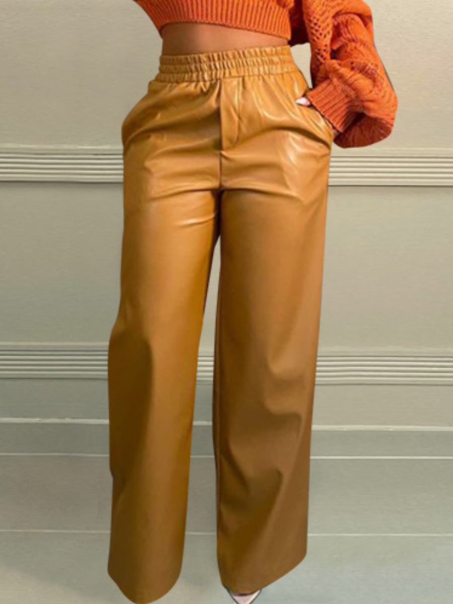 

LW Leather Elastic Waist Wide Leg Pants, Brown