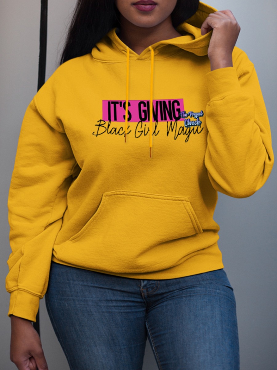 

LW Plus Size Pocket Design Letter Print Hoodie, Yellow